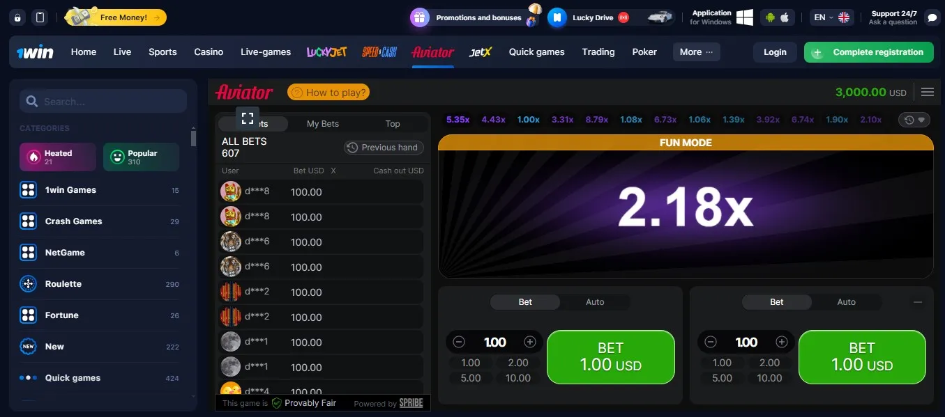 1win aviator game interface